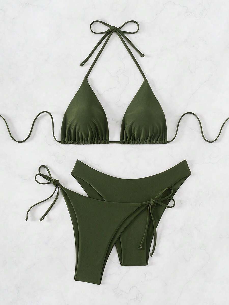 3 Parça Halter Üst + Üçgen Alt + Bağcıklı Şort Bikini Takımı Niebbla