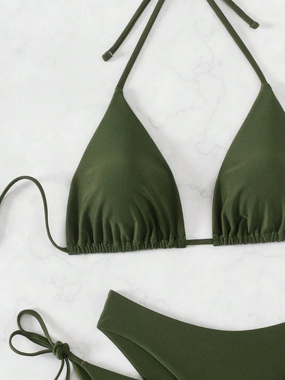 3 Parça Halter Üst + Üçgen Alt + Bağcıklı Şort Bikini Takımı Niebbla