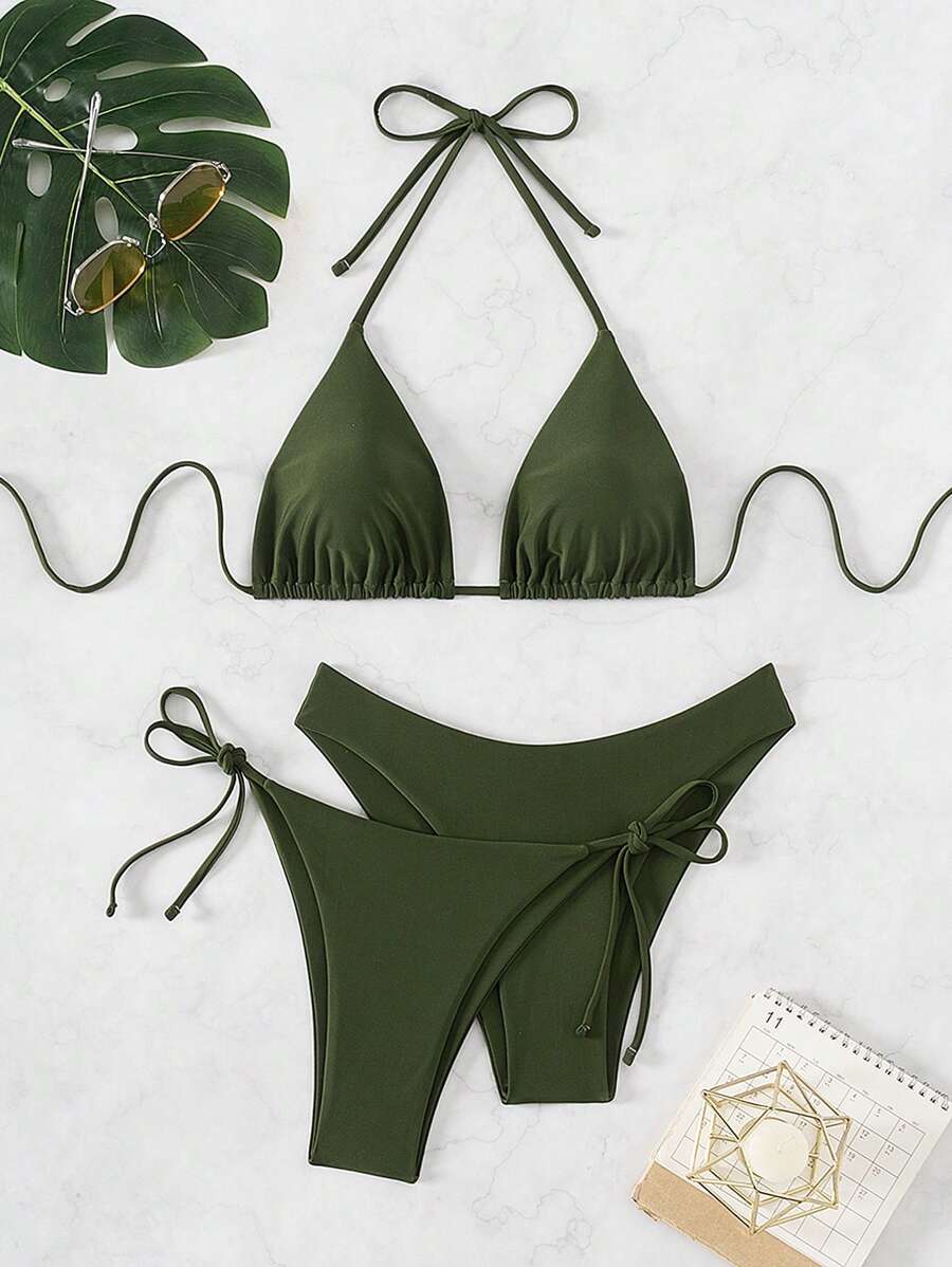 3 Parça Halter Üst + Üçgen Alt + Bağcıklı Şort Bikini Takımı Niebbla