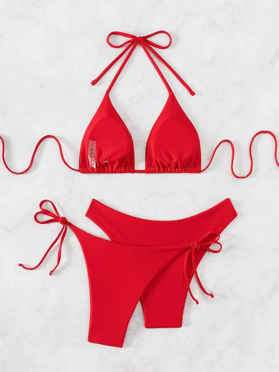 3 Parça Halter Üst + Üçgen Alt + Bağcıklı Şort Bikini Takımı Niebbla