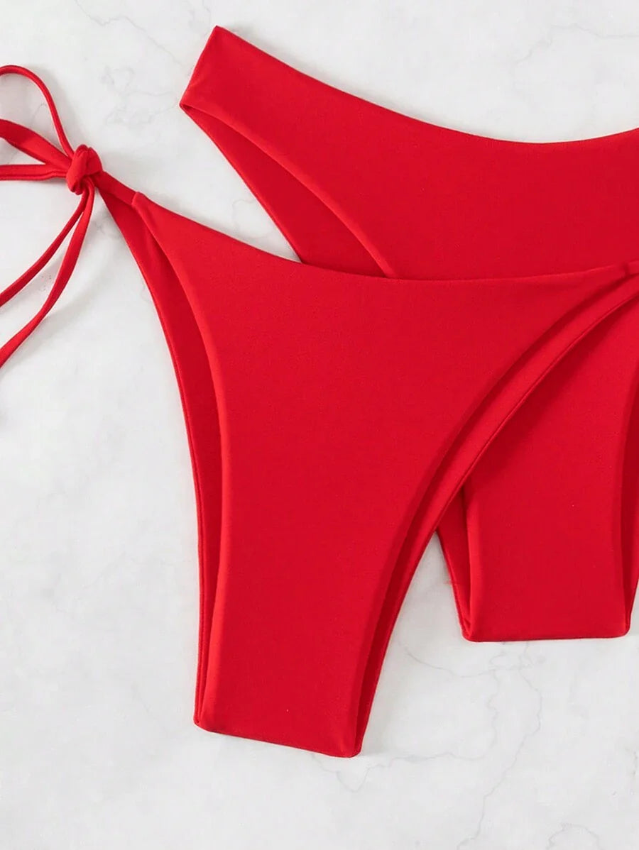 3 Parça Halter Üst + Üçgen Alt + Bağcıklı Şort Bikini Takımı Niebbla