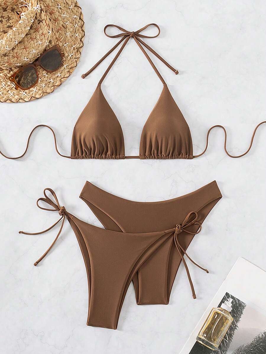 3 Parça Halter Üst + Üçgen Alt + Bağcıklı Şort Bikini Takımı Niebbla