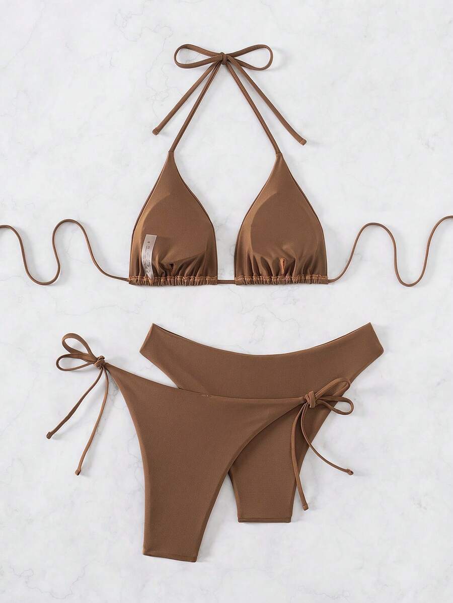 3 Parça Halter Üst + Üçgen Alt + Bağcıklı Şort Bikini Takımı Niebbla