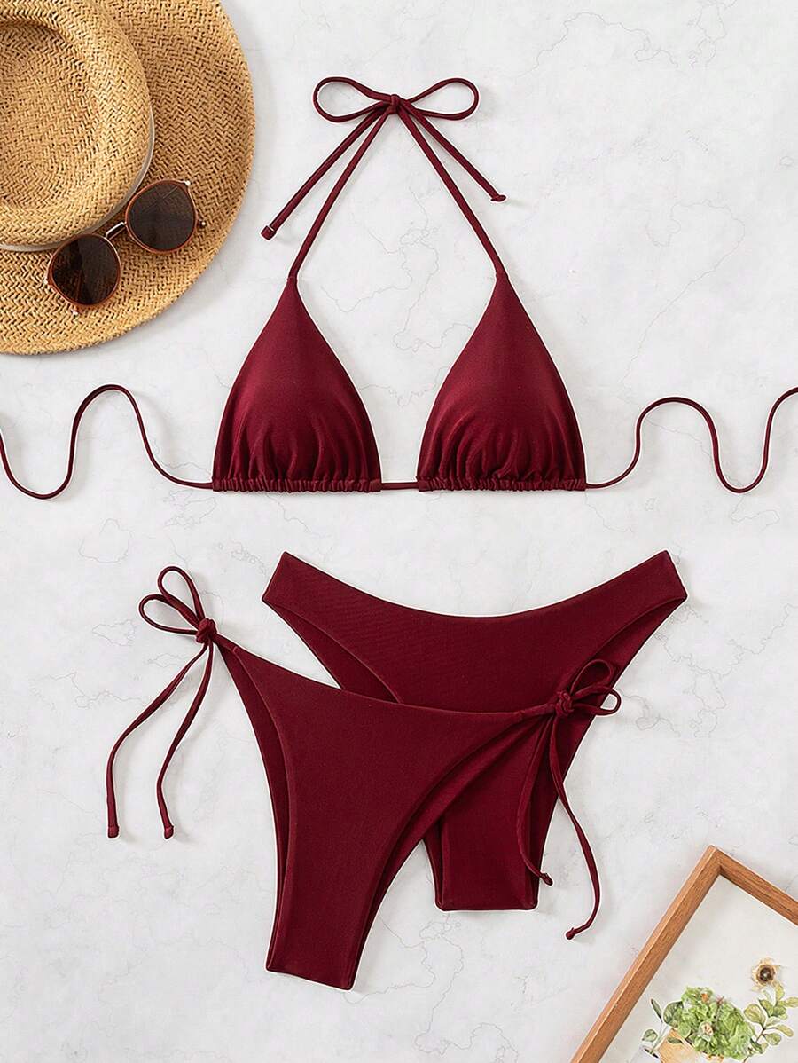 3 Parça Halter Üst + Üçgen Alt + Bağcıklı Şort Bikini Takımı Niebbla