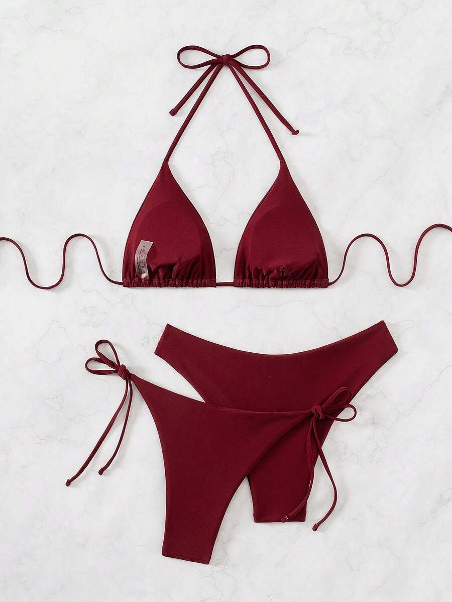 3 Parça Halter Üst + Üçgen Alt + Bağcıklı Şort Bikini Takımı Niebbla
