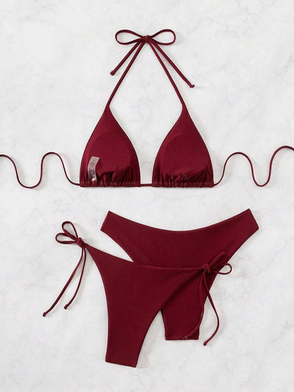 3 Parça Halter Üst + Üçgen Alt + Bağcıklı Şort Bikini Takımı Niebbla