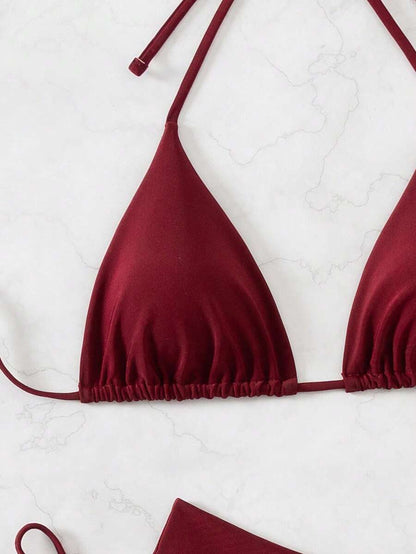 3 Parça Halter Üst + Üçgen Alt + Bağcıklı Şort Bikini Takımı Niebbla