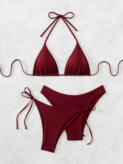 3 Parça Halter Üst + Üçgen Alt + Bağcıklı Şort Bikini Takımı Niebbla