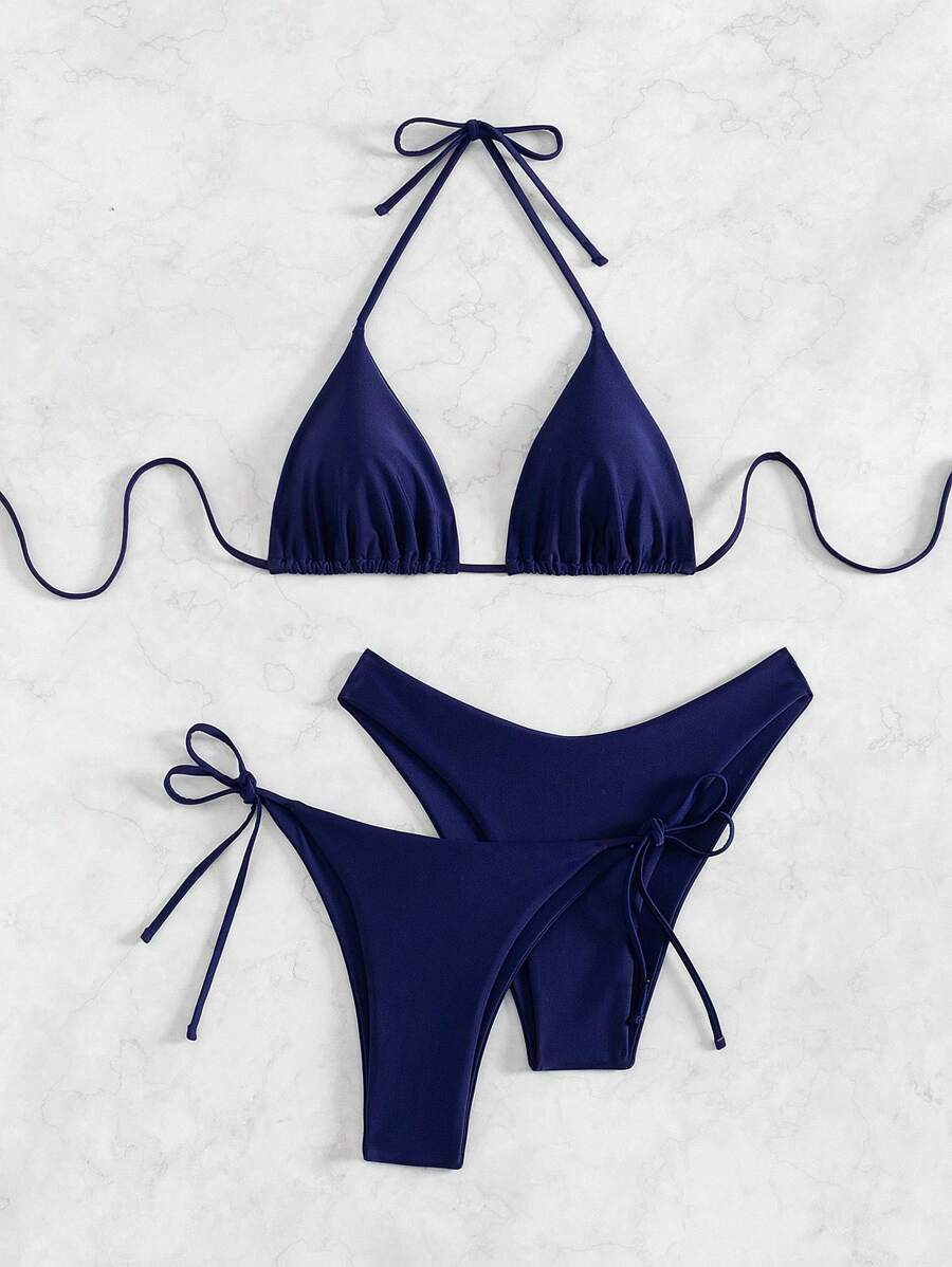3 Parça Halter Üst + Üçgen Alt + Bağcıklı Şort Bikini Takımı Niebbla