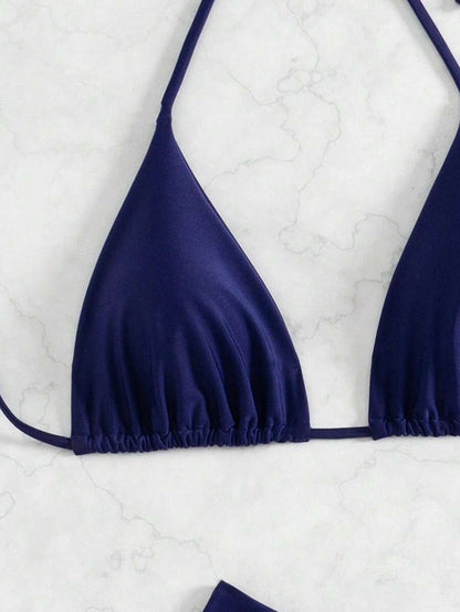 3 Parça Halter Üst + Üçgen Alt + Bağcıklı Şort Bikini Takımı Niebbla