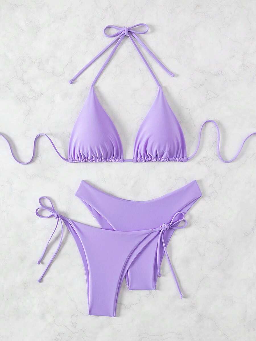 3 Parça Halter Üst + Üçgen Alt + Bağcıklı Şort Bikini Takımı Niebbla