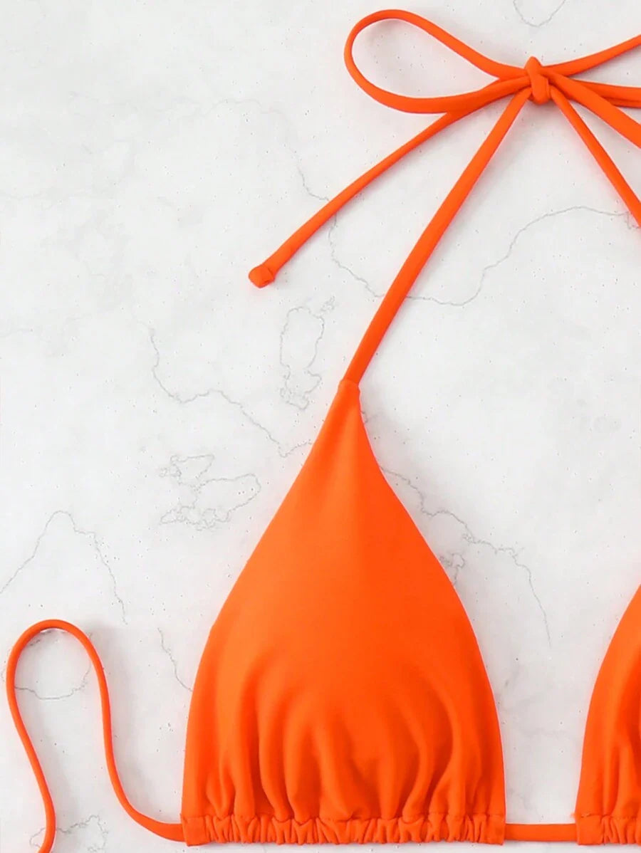 3 Parça Halter Üst + Üçgen Alt + Bağcıklı Şort Bikini Takımı Niebbla