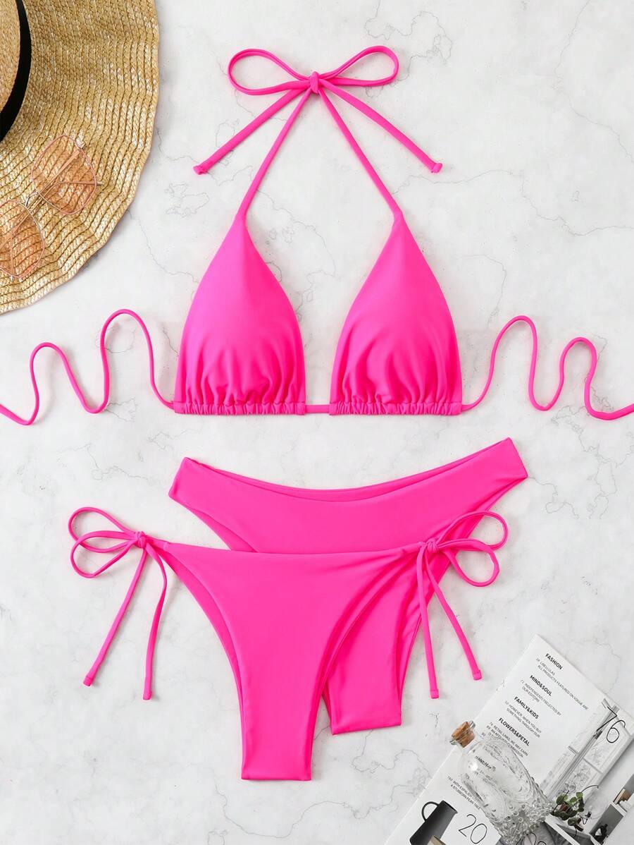 3 Parça Halter Üst + Üçgen Alt + Bağcıklı Şort Bikini Takımı Niebbla