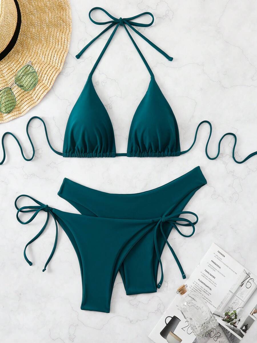 3 Parça Halter Üst + Üçgen Alt + Bağcıklı Şort Bikini Takımı Niebbla