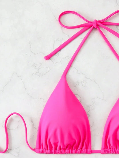 3 Parça Halter Üst + Üçgen Alt + Bağcıklı Şort Bikini Takımı Niebbla