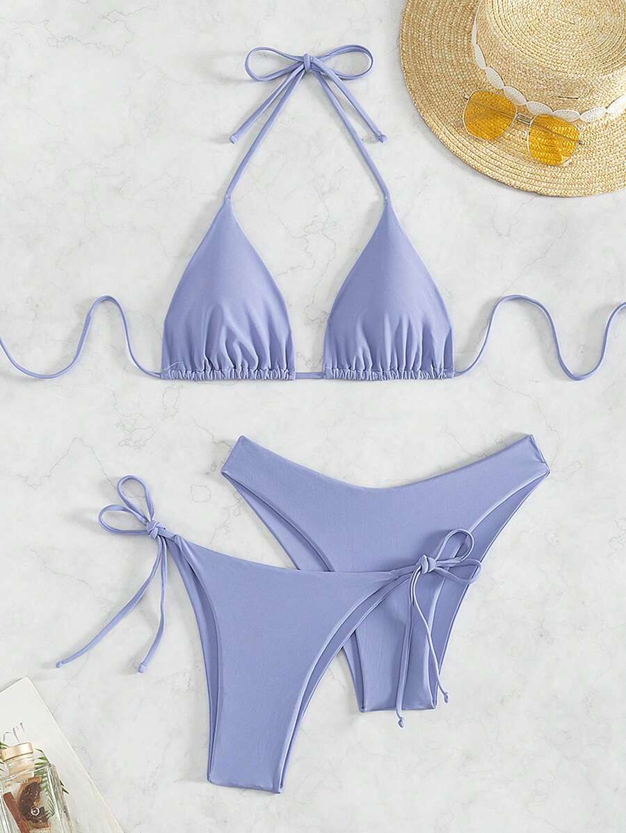 3 Parça Halter Üst + Üçgen Alt + Bağcıklı Şort Bikini Takımı Niebbla