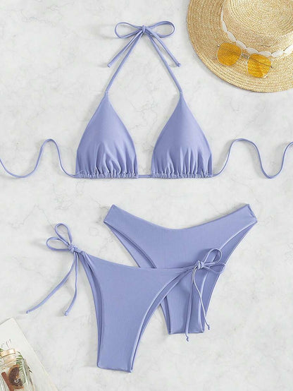 3 Parça Halter Üst + Üçgen Alt + Bağcıklı Şort Bikini Takımı Niebbla