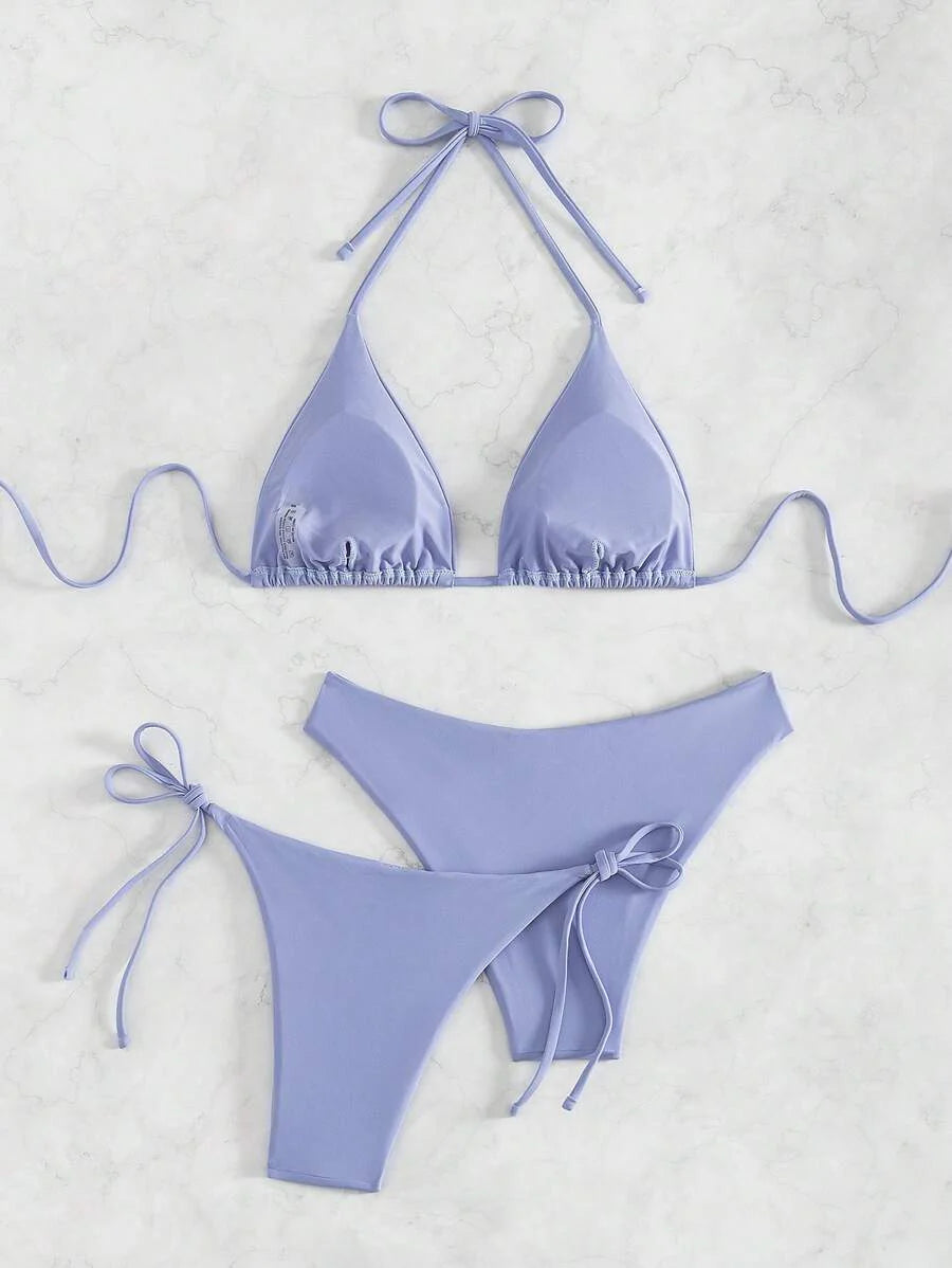 3 Parça Halter Üst + Üçgen Alt + Bağcıklı Şort Bikini Takımı Niebbla