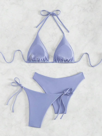 3 Parça Halter Üst + Üçgen Alt + Bağcıklı Şort Bikini Takımı Niebbla