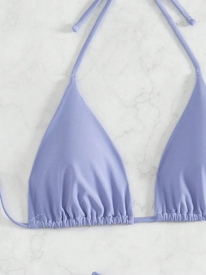 3 Parça Halter Üst + Üçgen Alt + Bağcıklı Şort Bikini Takımı Niebbla