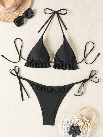 Fırfırlı Askılı Kırmızı Bikini Takımı Niebbla