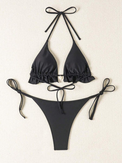 Fırfırlı Askılı Kırmızı Bikini Takımı Niebbla