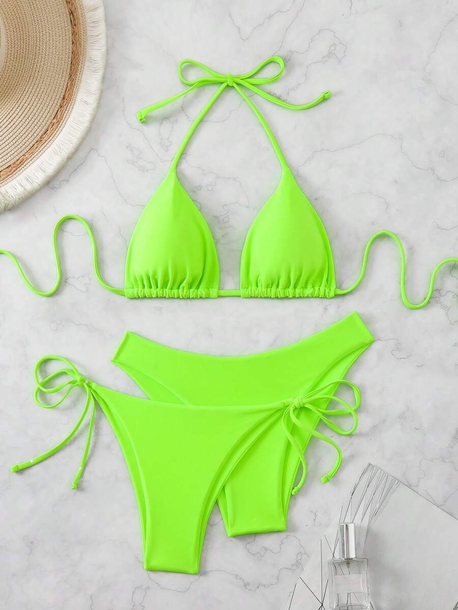 3 Parça Halter Üst + Üçgen Alt + Bağcıklı Şort Bikini Takımı Niebbla