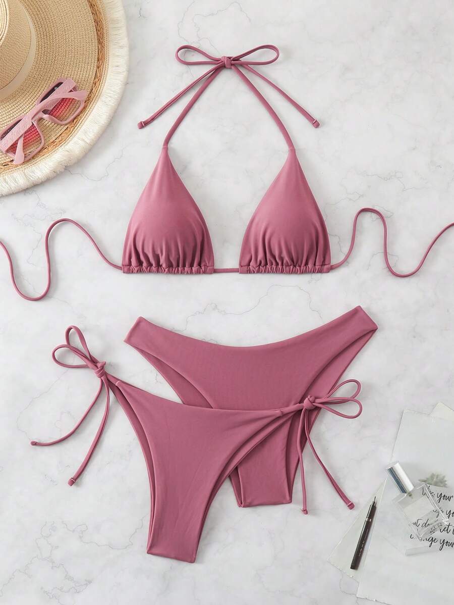 3 Parça Halter Üst + Üçgen Alt + Bağcıklı Şort Bikini Takımı Niebbla
