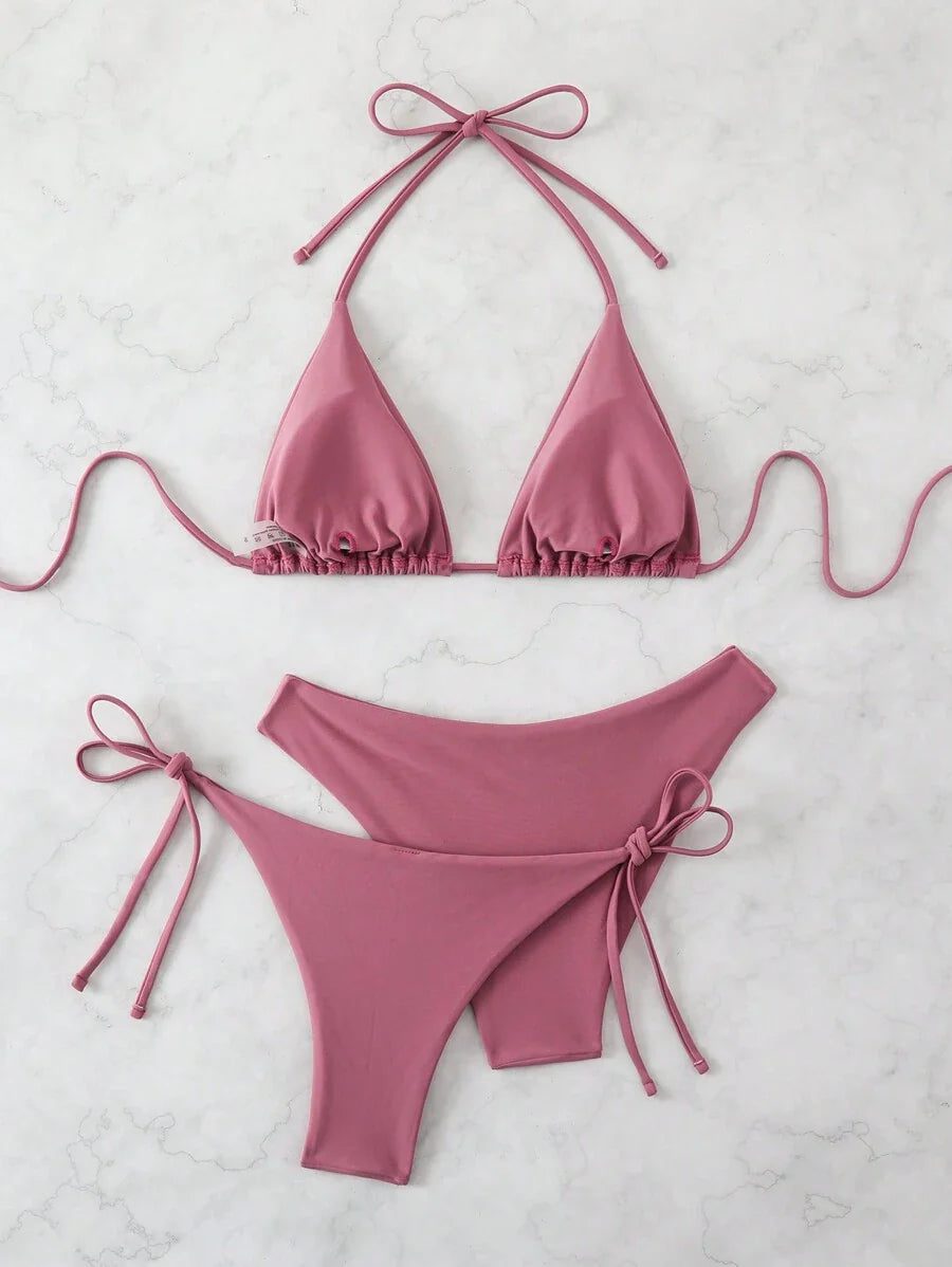 3 Parça Halter Üst + Üçgen Alt + Bağcıklı Şort Bikini Takımı Niebbla