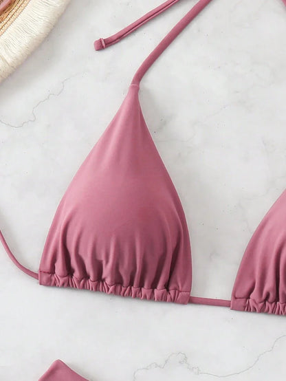 3 Parça Halter Üst + Üçgen Alt + Bağcıklı Şort Bikini Takımı Niebbla