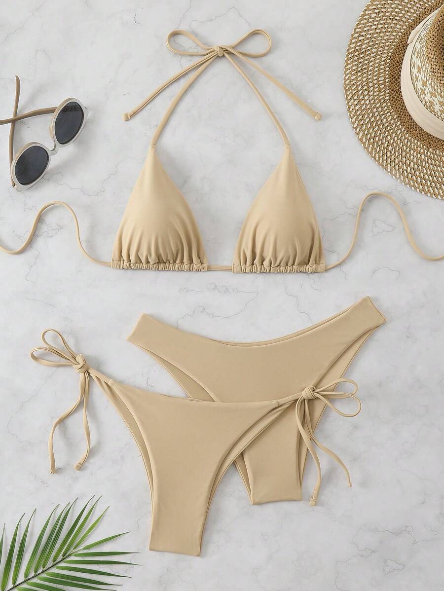 3 Parça Halter Üst + Üçgen Alt + Bağcıklı Şort Bikini Takımı Niebbla