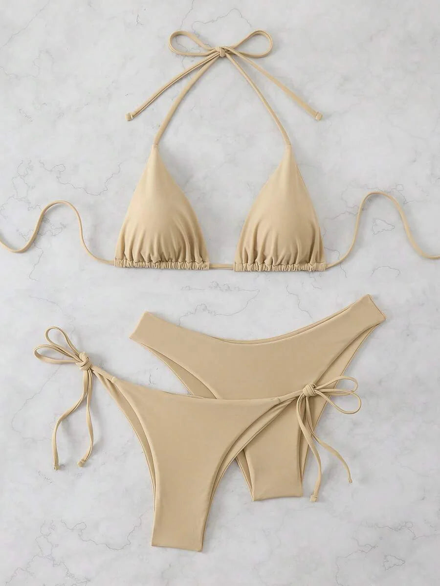 3 Parça Halter Üst + Üçgen Alt + Bağcıklı Şort Bikini Takımı Niebbla