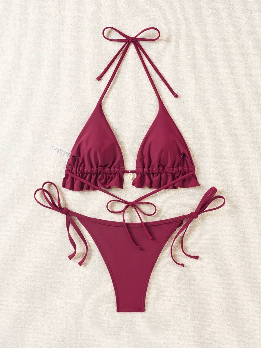 Fırfırlı Askılı Kırmızı Bikini Takımı Niebbla