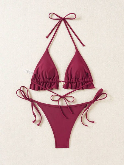 Fırfırlı Askılı Kırmızı Bikini Takımı Niebbla