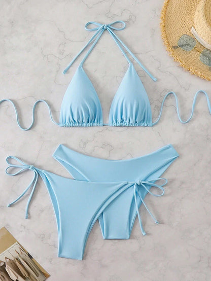 3 Parça Halter Üst + Üçgen Alt + Bağcıklı Şort Bikini Takımı Niebbla