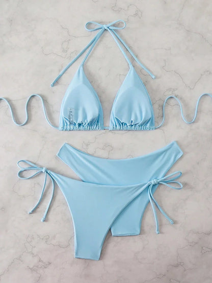 3 Parça Halter Üst + Üçgen Alt + Bağcıklı Şort Bikini Takımı Niebbla