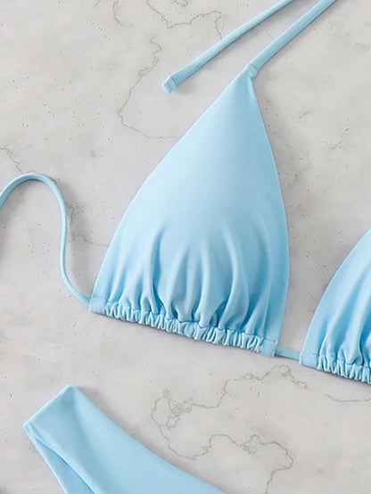 3 Parça Halter Üst + Üçgen Alt + Bağcıklı Şort Bikini Takımı Niebbla