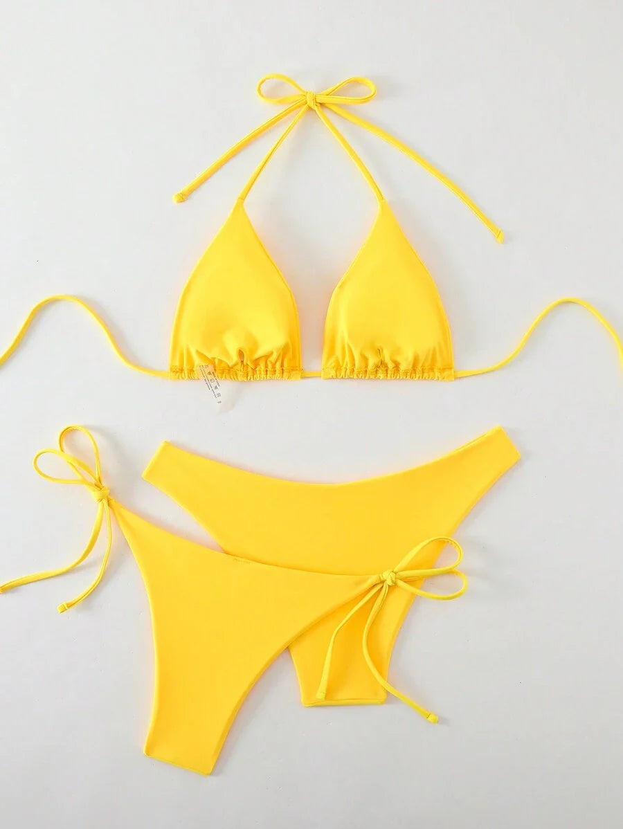 3 Parça Halter Üst + Üçgen Alt + Bağcıklı Şort Bikini Takımı Niebbla