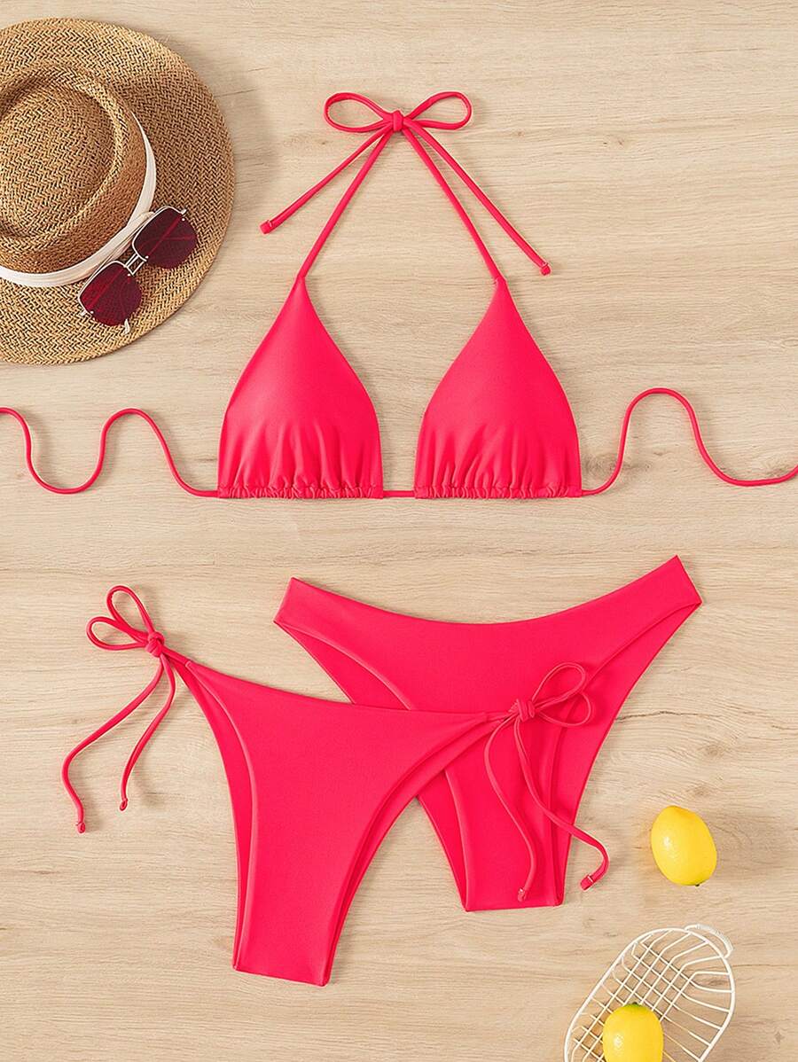 3 Parça Halter Üst + Üçgen Alt + Bağcıklı Şort Bikini Takımı Niebbla