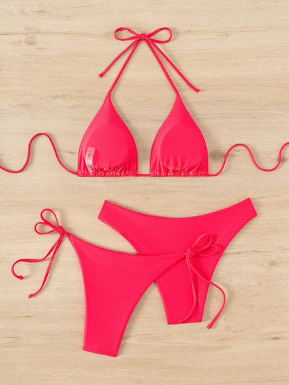 3 Parça Halter Üst + Üçgen Alt + Bağcıklı Şort Bikini Takımı Niebbla