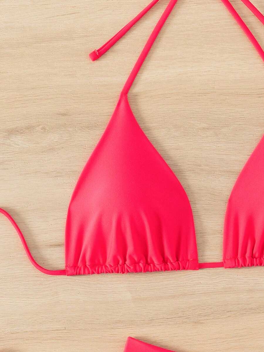 3 Parça Halter Üst + Üçgen Alt + Bağcıklı Şort Bikini Takımı Niebbla