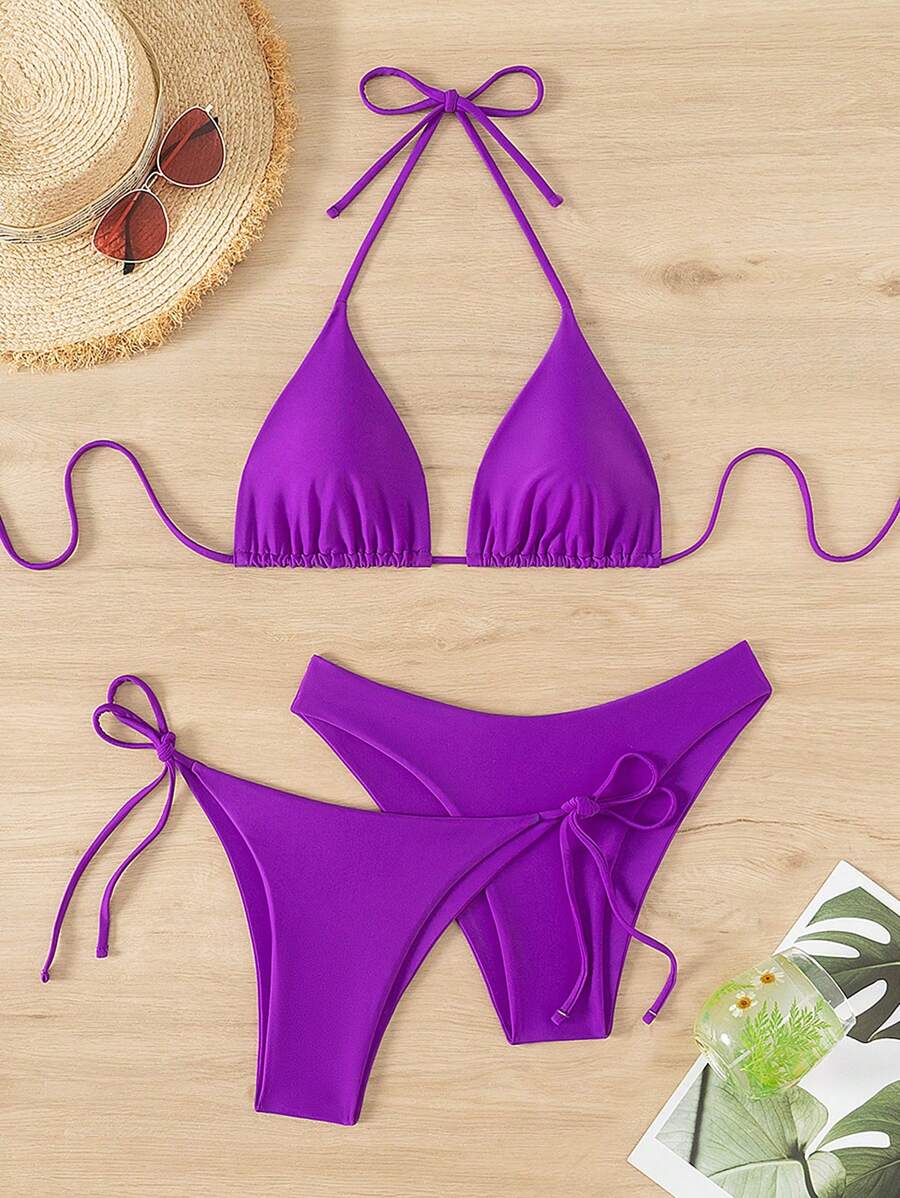 3 Parça Halter Üst + Üçgen Alt + Bağcıklı Şort Bikini Takımı Niebbla