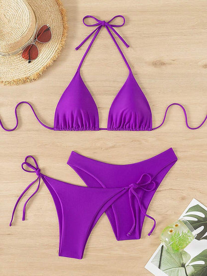 3 Parça Halter Üst + Üçgen Alt + Bağcıklı Şort Bikini Takımı Niebbla