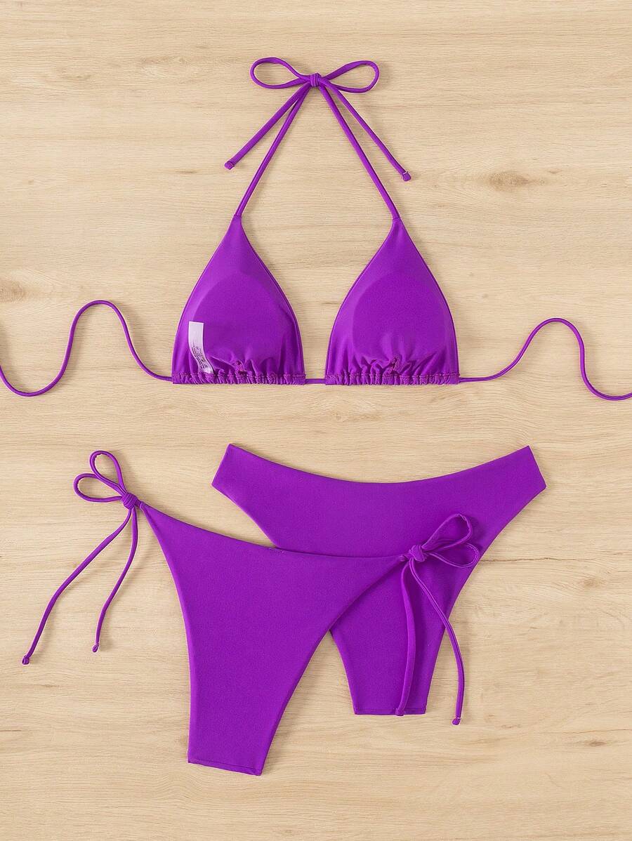 3 Parça Halter Üst + Üçgen Alt + Bağcıklı Şort Bikini Takımı Niebbla