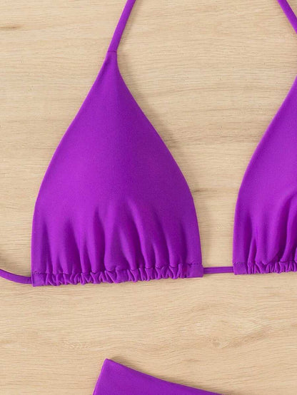 3 Parça Halter Üst + Üçgen Alt + Bağcıklı Şort Bikini Takımı Niebbla