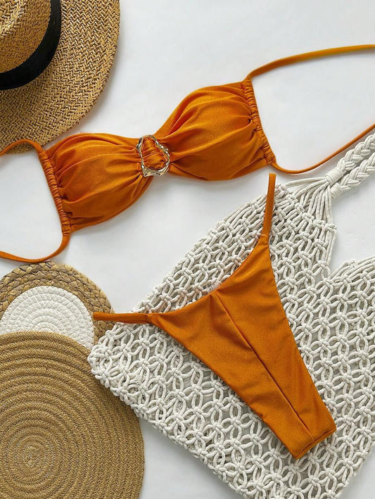 Pembe Straplez Bağcıklı Metal Detaylı Bikini Takımı Niebbla