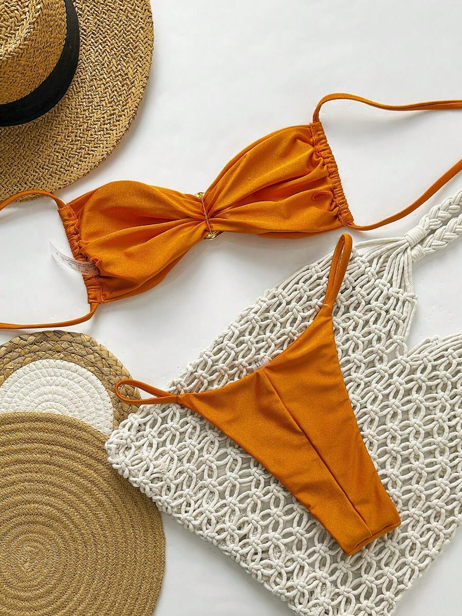 Pembe Straplez Bağcıklı Metal Detaylı Bikini Takımı Niebbla