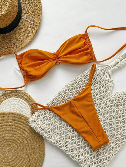 Pembe Straplez Bağcıklı Metal Detaylı Bikini Takımı Niebbla