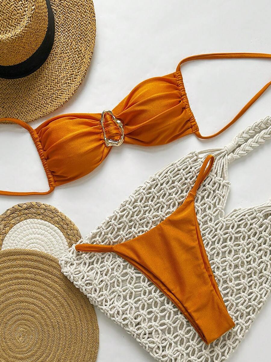 Pembe Straplez Bağcıklı Metal Detaylı Bikini Takımı Niebbla