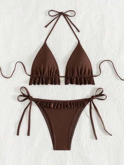 Fırfırlı Askılı Kırmızı Bikini Takımı Niebbla